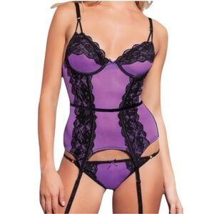 NEW Seven Til Midnight Hook & Eye Lace Corset/Thong Set SZ XL Violet & Black